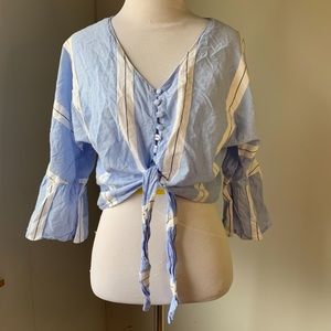 Striped Flare 3/4 Sleeve Button Detail Crop Top girl krazy Large pastel